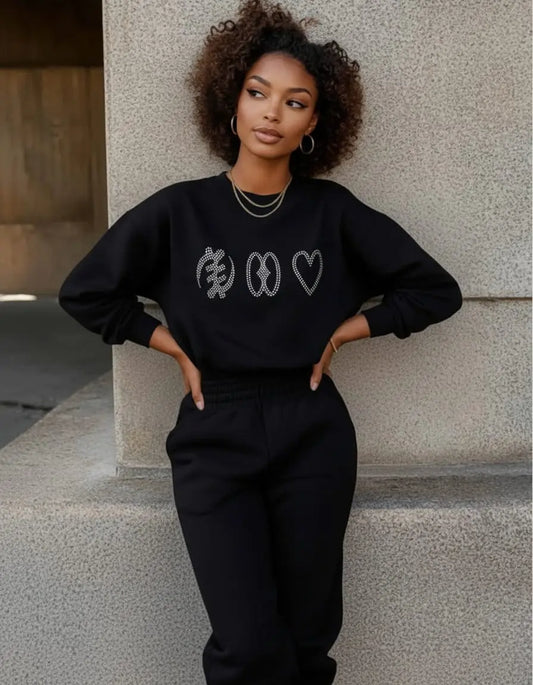 Faith Hope Love Adinkra Symbols Rhinestone Sweatshirt