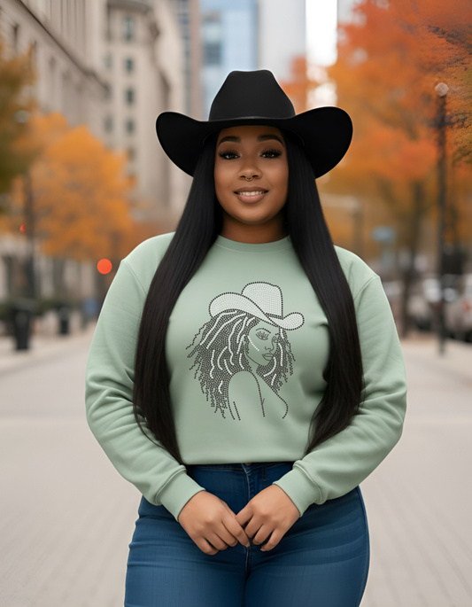 Frosty Green Loc Queen Colorful Cowgirl Rhinestone Sweatshirt