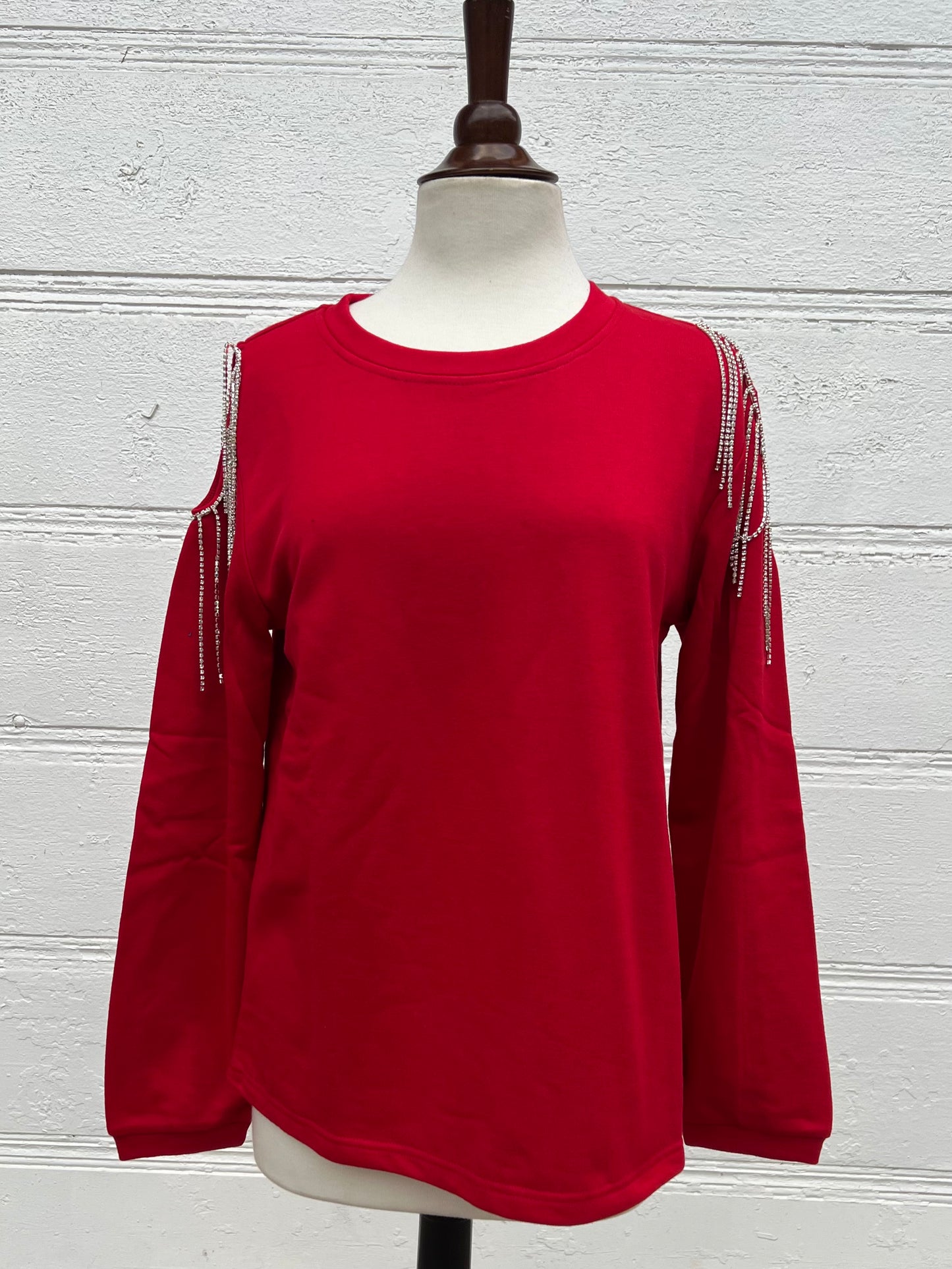 Red Rhinestone Cold Shoulder Sweatshirt