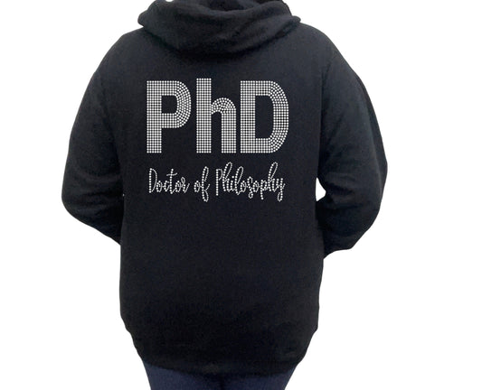 PhD Doctor of Philosophy Rhinestone Zip-Up Hoodie w/ Rhinestone Drawstring