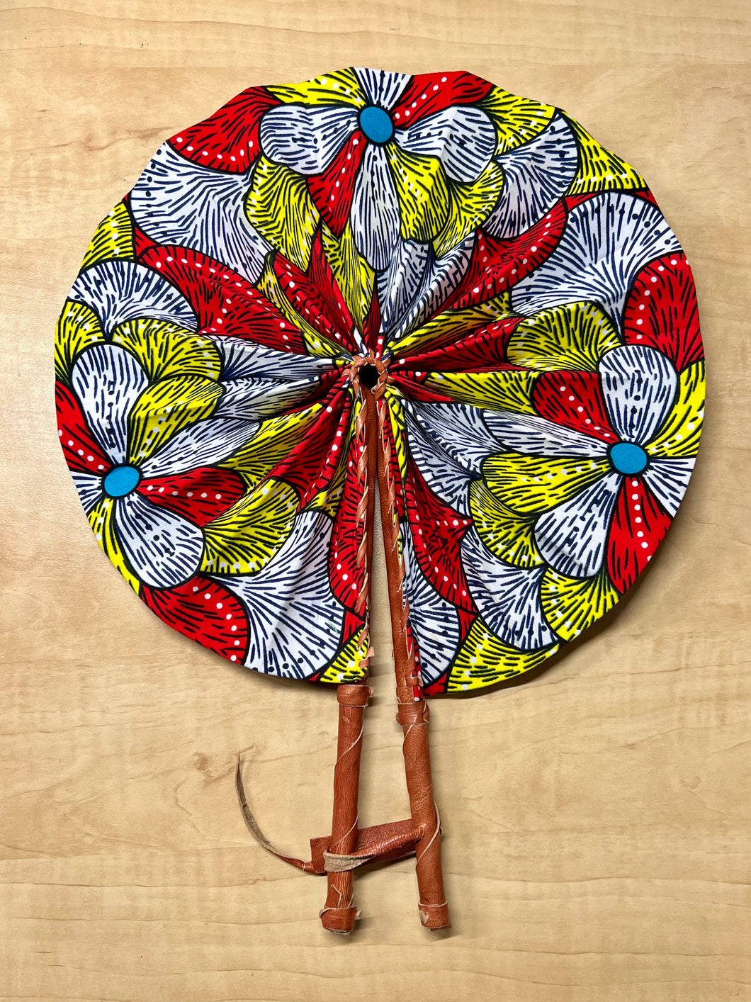Red Yellow Floral Foldable Ghanaian Ankara Leather Fan