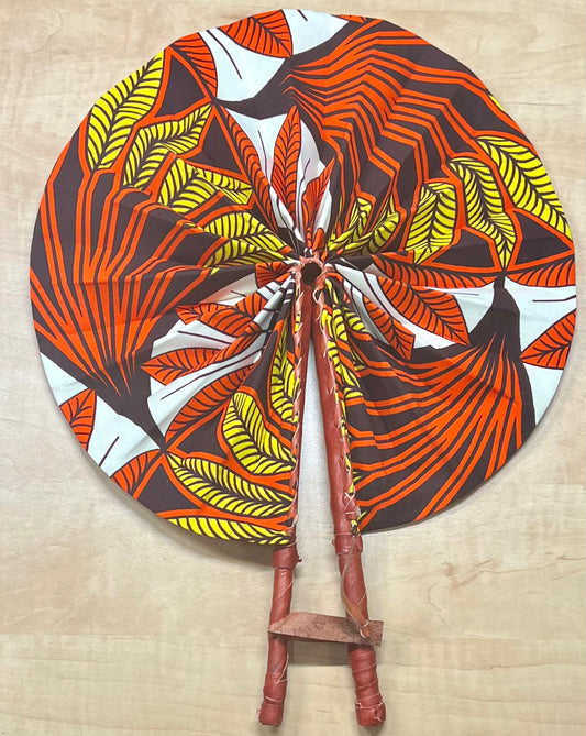 Orange Burst Foldable Ghanaian Ankara Leather Fan