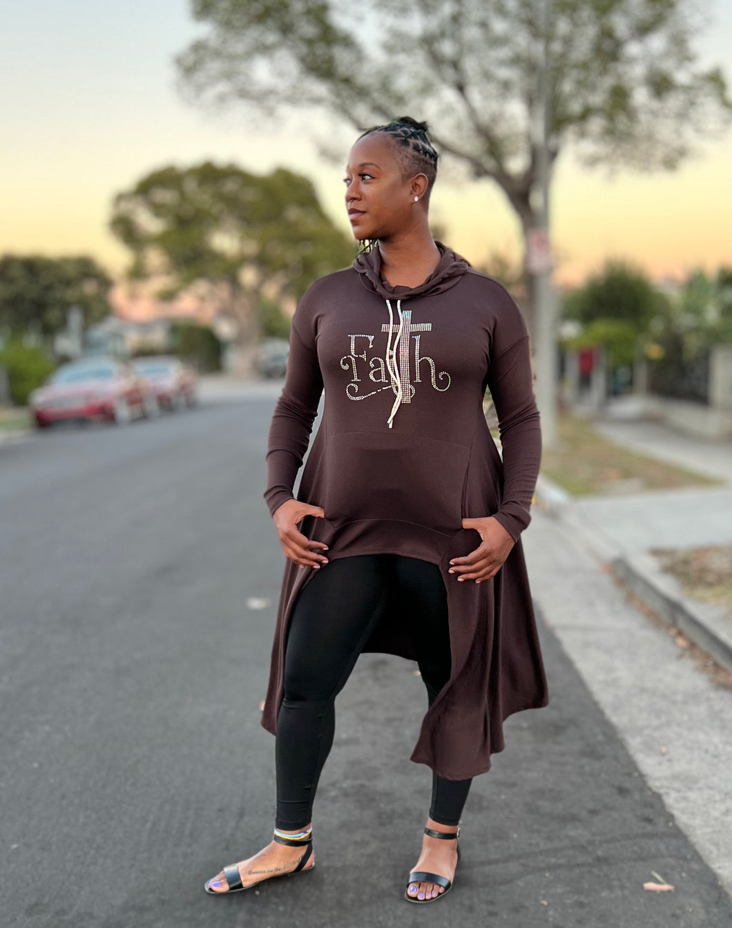 Chocolate Brown Faith Bling Hi Low Top w Bling Drawstring